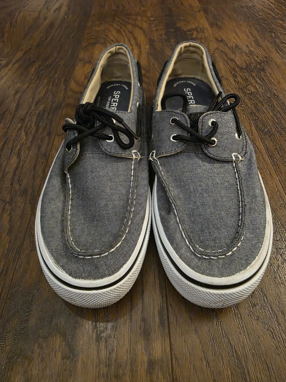 Sperry Gray Canvas Boat Shoes with Black Laces